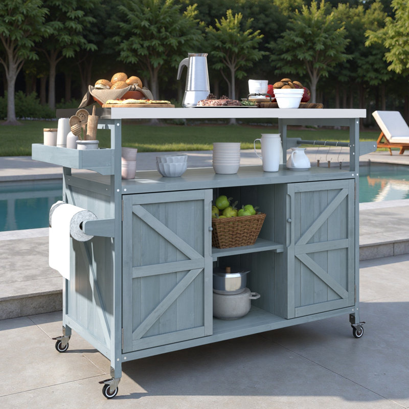 Îlot de cuisine extérieur avec armoire de rangement, plateau en acier inoxydable, support à épices et porte-serviettes