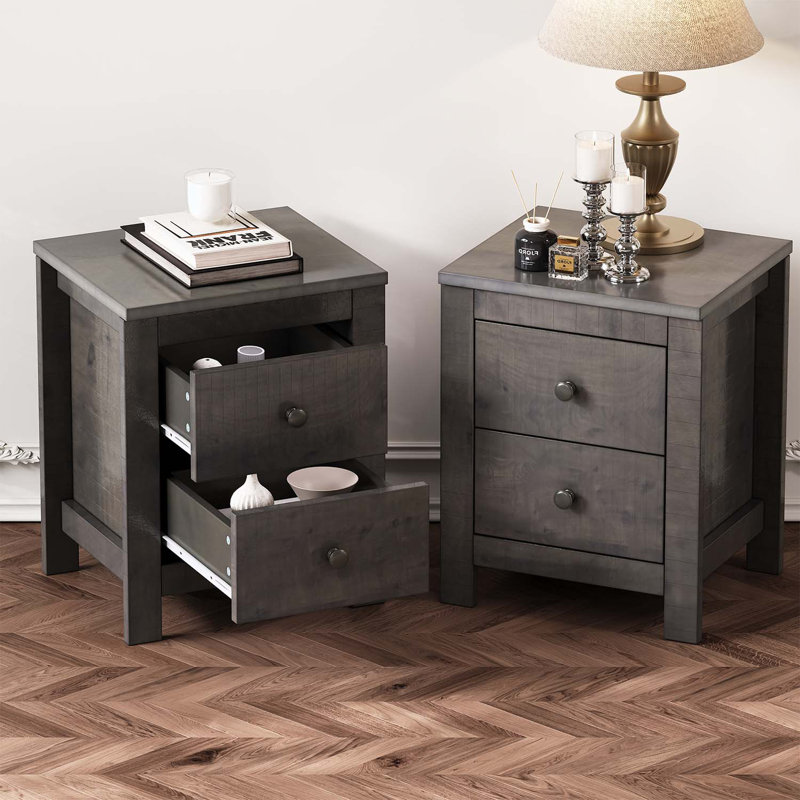 Antique Gray Wooden Nightstand Set with Storage Cabinet