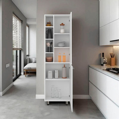 Garde-manger Florence, plusieurs tablettes ouvertes et fermées, design moderne, blanc
