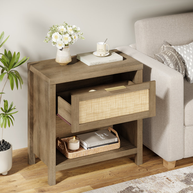 Rattan Night Stands Set Of 2, Boho Bedside Table With Drawer And Storage Shelf, Set of 2, Oak