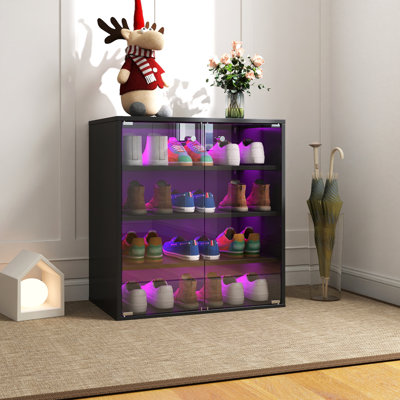 Shoe Box with RGB LED Light, Wooden Stackable Shoe Storage Box with Glass Door, Shoe Storage Bin Shoe Display Case for Sneakers (4 Tier-1)
