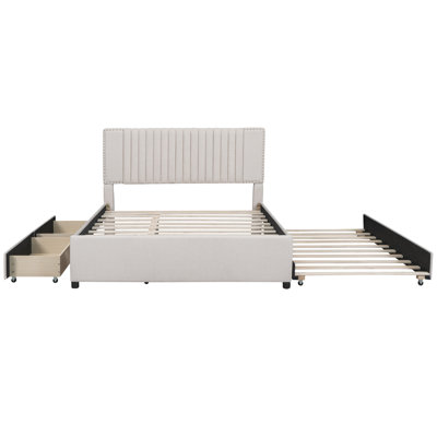 Queen Upholstered Platform Bed With Trundle & 2 Drawers - Beige Headboard For Bedroom Functionality Size Trundle, Comfortable Foam Filling, Upholstery