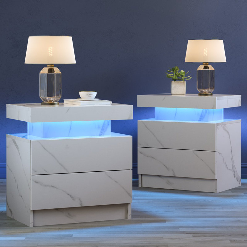 White Marble LED Nightstand Set with 2 Drawers