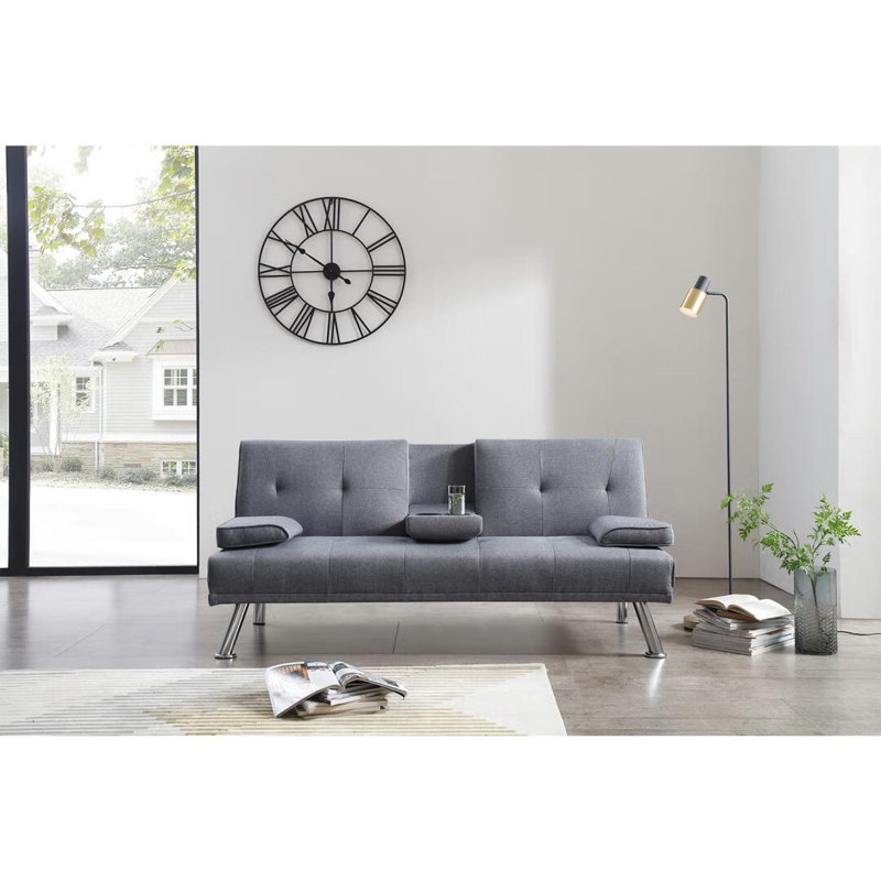 182*83*79cm, Sofa Bed with Cup Holder, Grey Linen Blend