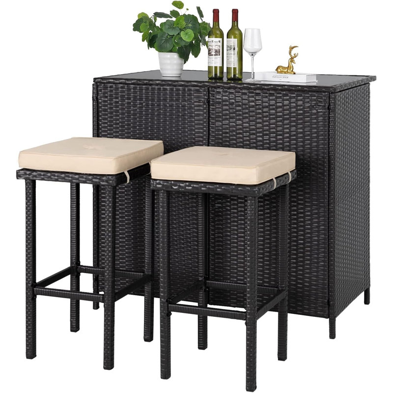 3-Piece Outdoor Patio Bar Set with Two Stools and Glass Top Table, Patio Wicker Furniture with Removable Cushions