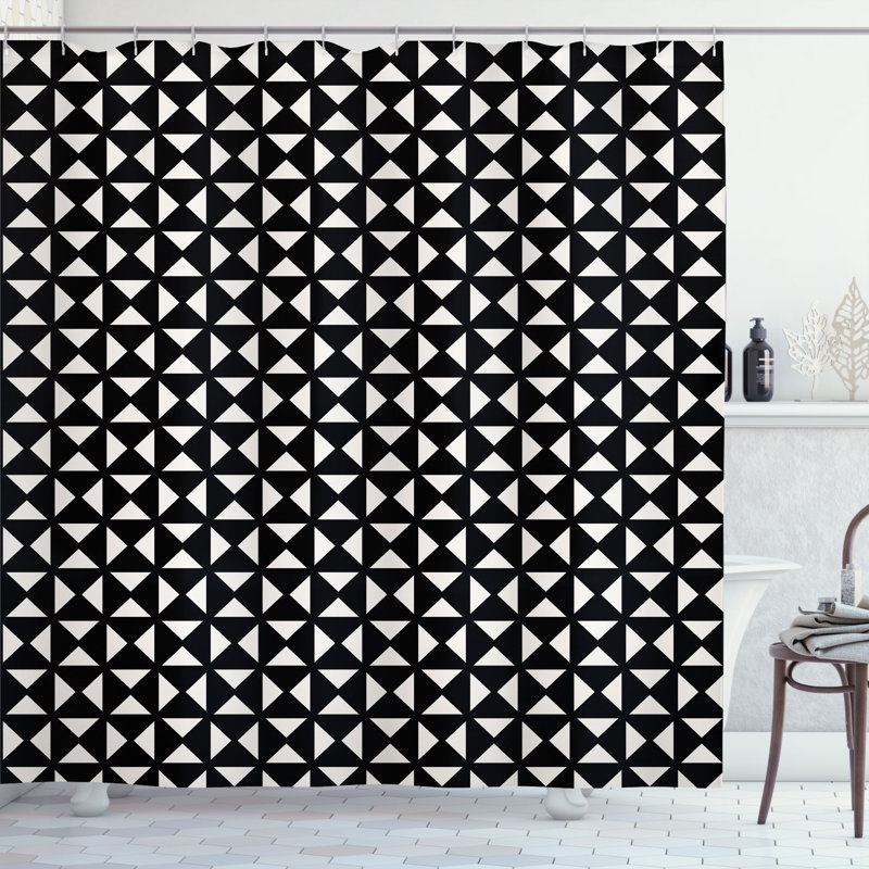 East Urban Home Abstract Shower Curtain Basic Triangles in Squares Dark Grey and Eggshell, 75"H x 69"W
