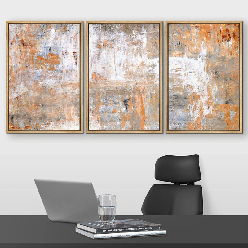 «Triptych Abstract Orange Grunge Brushstrokes», 3 pièces, reproduction d'art sur toile, salon, Impression encadrée