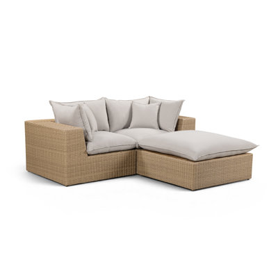 Petit canapé modulaire d'extérieur Cali en tissu gris clair et osier brun