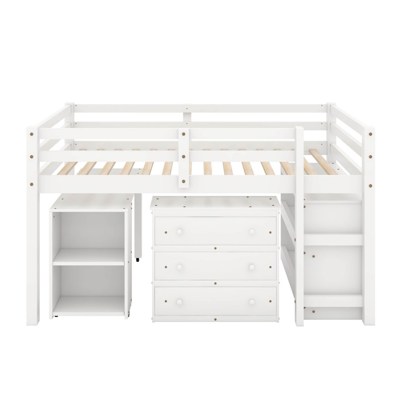 Lit mezzanine bas bas avec commode, tablettes et bureau, Blanc