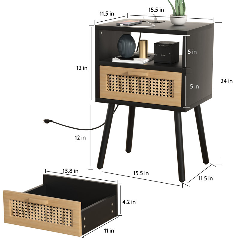 Forevich Rattan Nightstands End Side Table With Charging Station Natural, Black