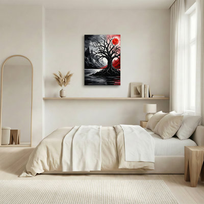 Art mural sur toile noir sans feuilles avec soleil rouge et montagnes