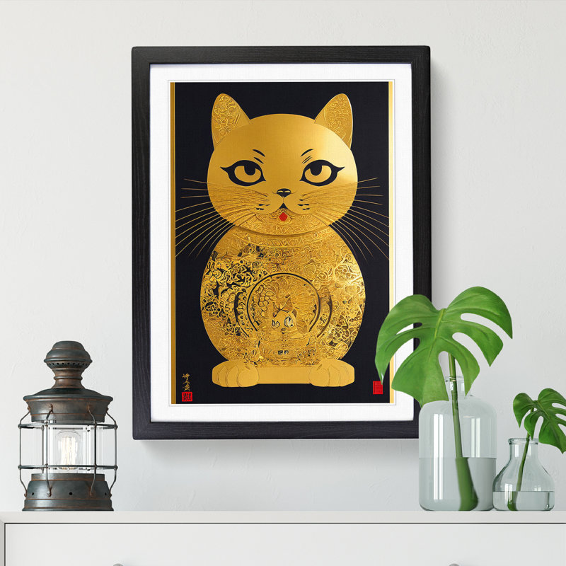 Maneki Neko Gold Cat - Single Picture Frame Print, 64cm H x 46cm W x 2cm D, Black