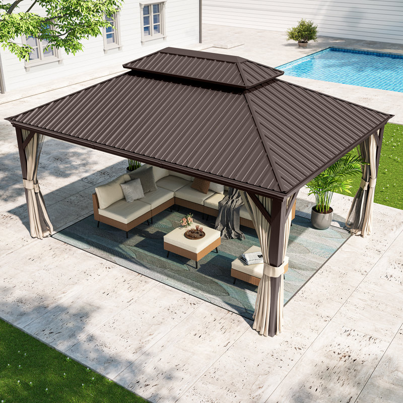 Pavillon de jardin permanent en aluminium 12 pi x 16 pi avec toit double en acier galvanisé avec filet et rideau