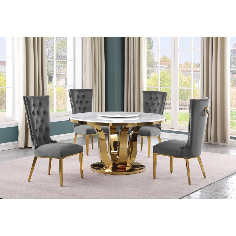 Kenidi 4 - Person Marble Top Pedestal Dining Set, Dark Gray