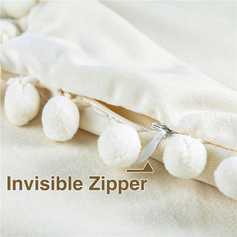 Cream Velvet Throw Pillow Covers with Pom-poms, 22x22 Inch, Set of 2