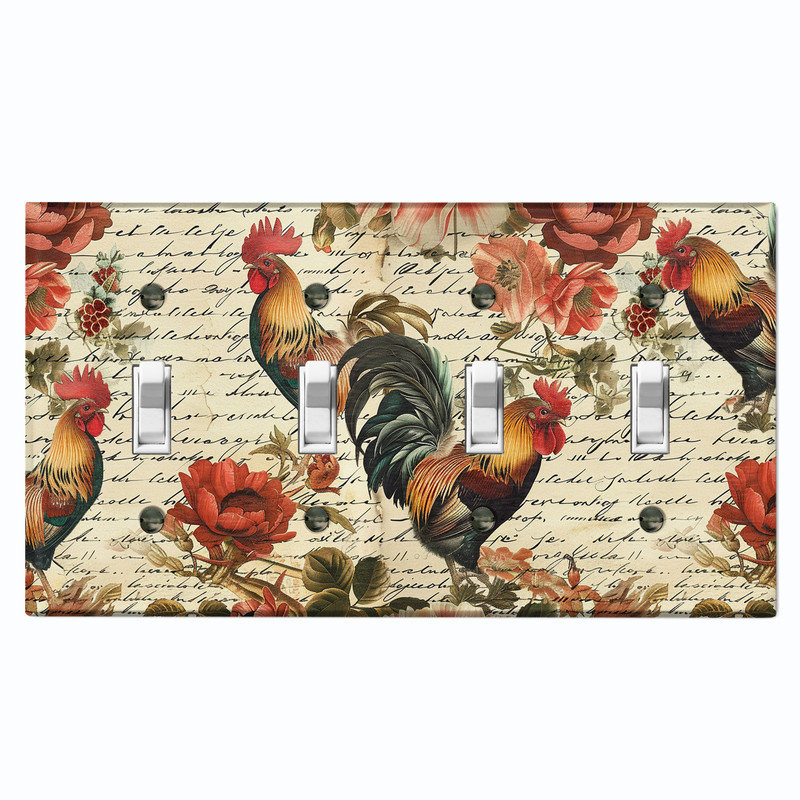 Couvercle de plaque d'interrupteur en métal; Bascule à 4 bandes US Standard - coq floral, # 4 Quad bascule