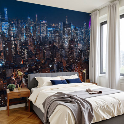 Peel and Stick Wallpaper Night city scene tall downtown skyscrapers metropolis Wall Murals 100"H x 144"W Removable PVC Wall Paper Self-Adhesive Wall Paintings Art Decor for Bedroom Living Room
