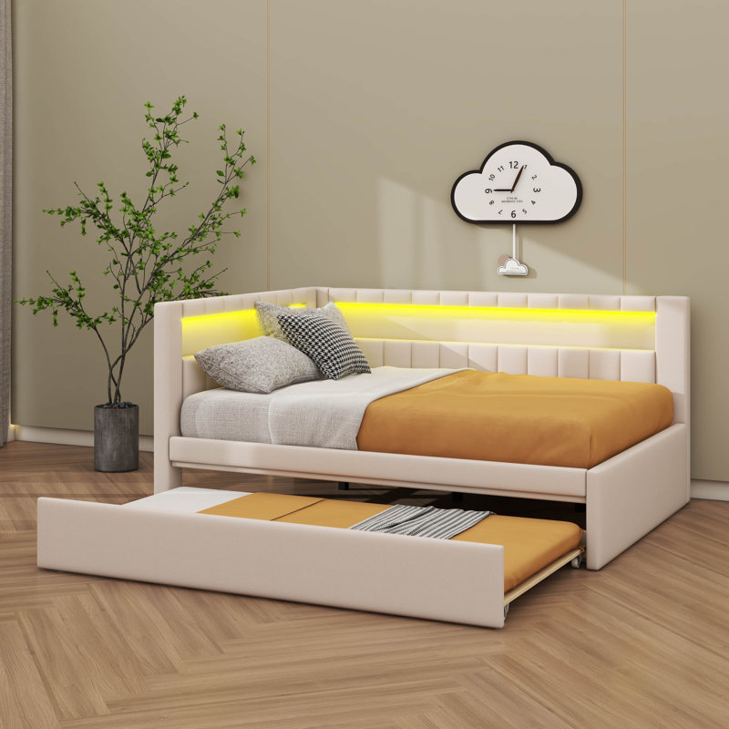 Full Size Fully Upholstered Platform Bed With USB Connectivity, LED Lighting, And Trundle Bed, White