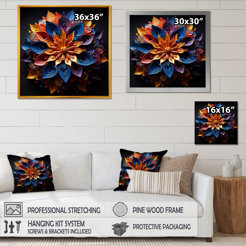 Hindouisme Mandala Lotus méditation I sur toile, H 30 po x l 30 po x P 1 po, Cadre simple noir