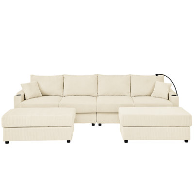 Canapé en U en velours côtelé beige avec rangement, 4 sièges, 2 repose-pieds, siège profond, porte-gobelets et porte-téléphone pour le décor