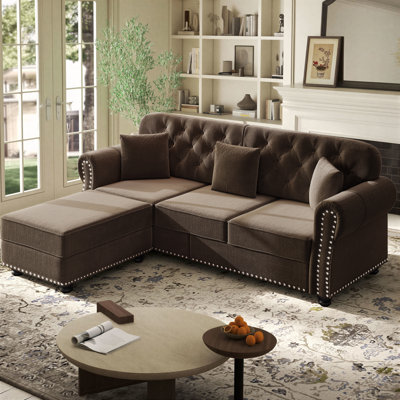 Annalease Chesterfield Sectional Sofa, Modern Farmhouse Velvet Couch With Ottoman