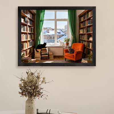 Reproduction d'art encadrée noire, "Les chats dans la bibliothèque ensoleillée"