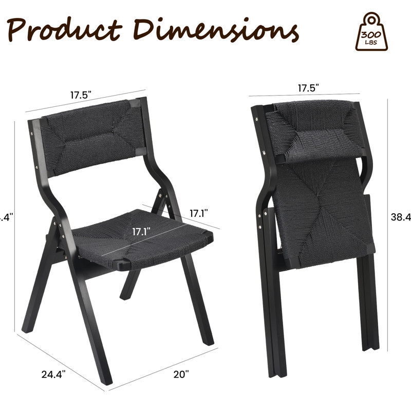 Chaises pliantes en bois noir avec siège et dossier tressés, ensemble de 2, idéales pour la cuisine et la salle à manger, gain de place, confortables et élégantes. Finition en bois et sangles.