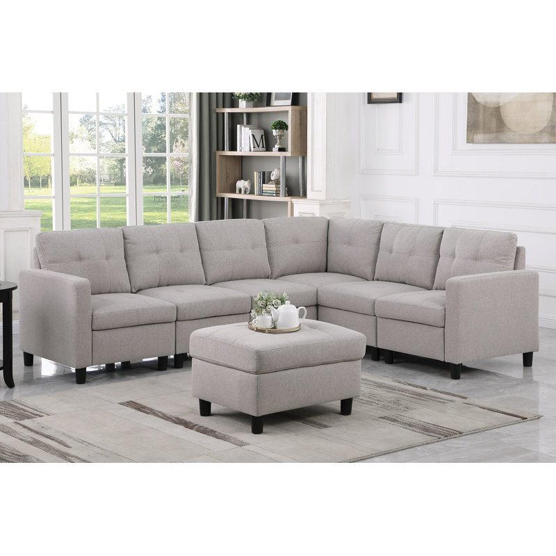 Mercola 7 - Piece Upholstered Tufted Back Corner Modular Sectional with Ottoman, Light Gray Linen Blend