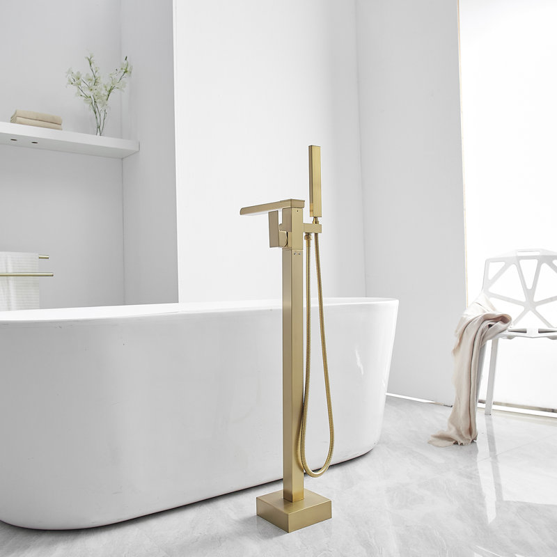VIBRANTBATH Freestanding Floor Mount Waterfall Tub Filler, Single Handle Bathtub Faucet with Handheld Shower, Brushed Gold