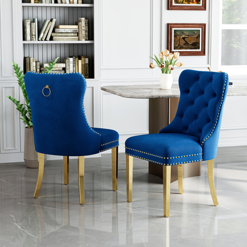 Chaise rembourrée à oreilles Pamela, Doré, Bleu