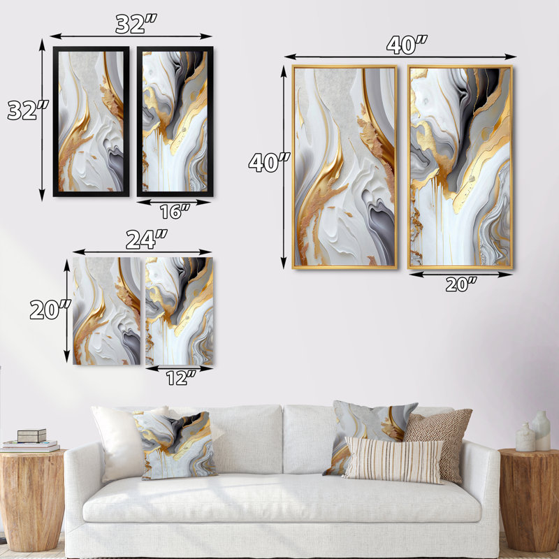 «White And Gold Marble Abstract I», 2 pièces sur toile, Encadrement doré, H 40 po x l 40 po