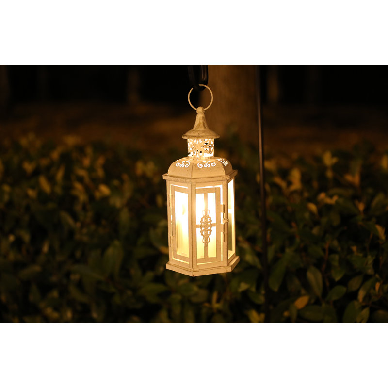 Decorative Candle Lantern-10Inch High Vintage Style Hanging Lantern Metal Candleholder For Indoor Outdoor Events Parities And Weddings (White With Gold Brush)