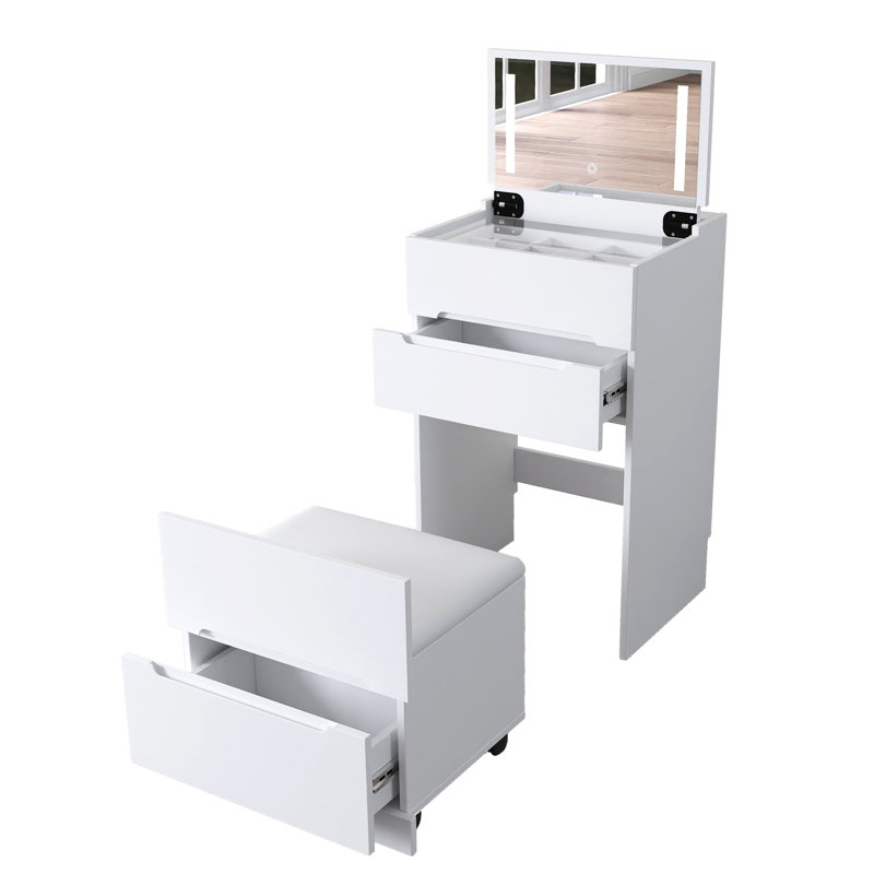 Bureau de coiffeuse 3 en 1 avec miroir ouvert, petit ensemble de coiffeuse avec bureau en verre visible, coiffeuse de maquillage compacte avec 3 tiroirs, coiffeuse pour chambre à coucher
