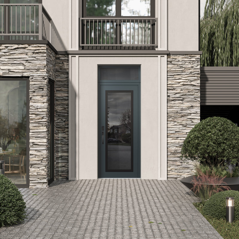 Porte d'entrée avant h1 panneau en acier noir anthracite / anthracite avec traverse, Oui, Miroitant