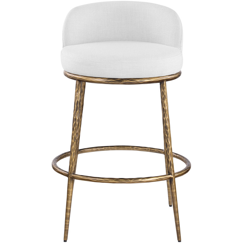 Tabouret de bar en tissu performance beige Ferro Sanches, Laiton, Tissu blanc performance