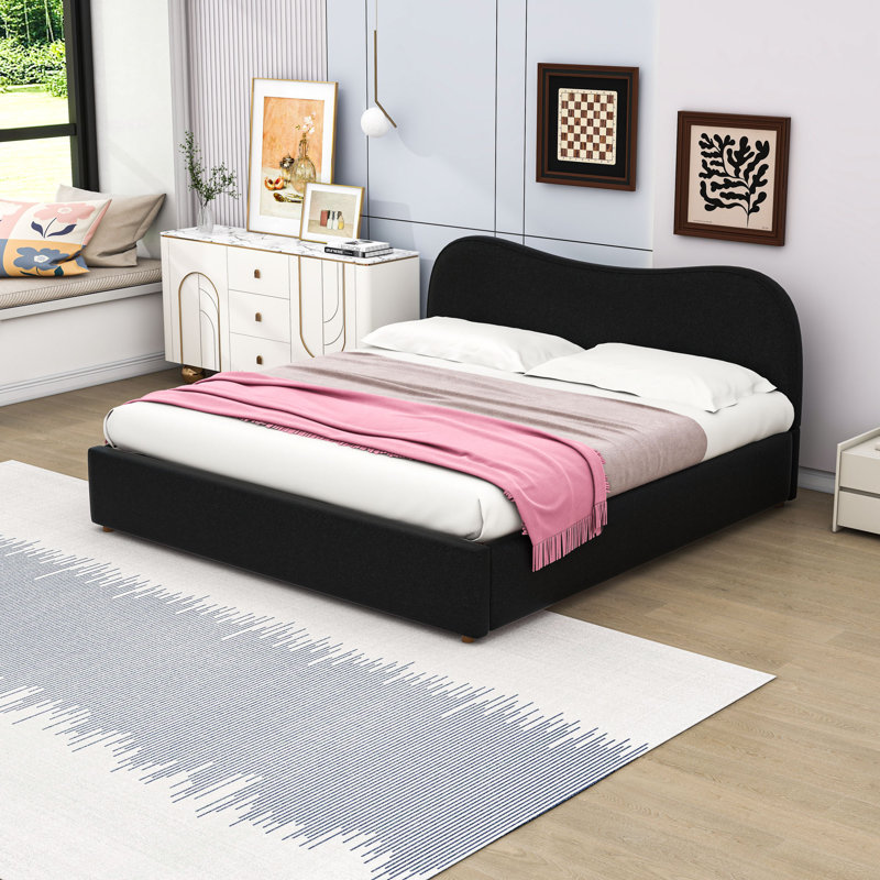 Lit plateforme tapissier avec tête de lit Sleek Minimalist, Black, King