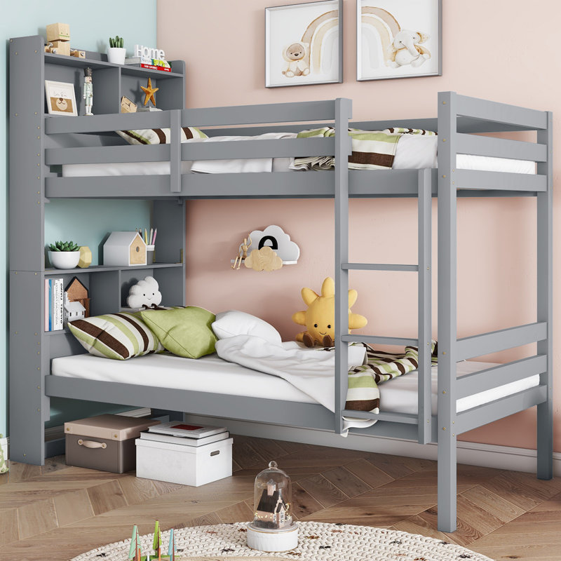Twin Over Twin Bunk Bed with Shelves, Gray
