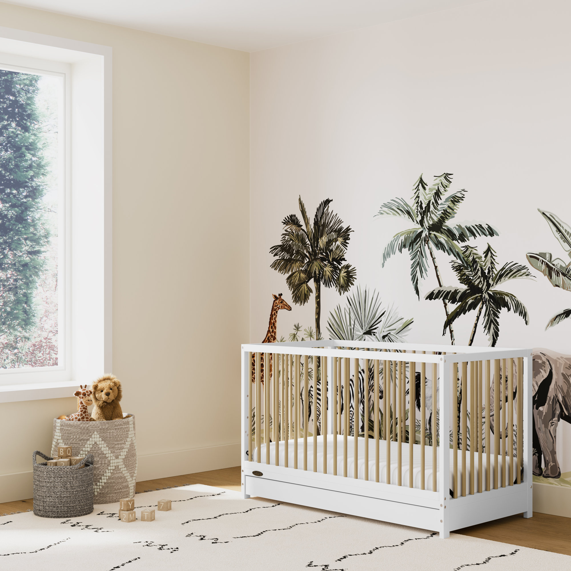 Teddi 5-in-1 Convertible Crib with Storage, White/Driftwood, Crib + Mattress