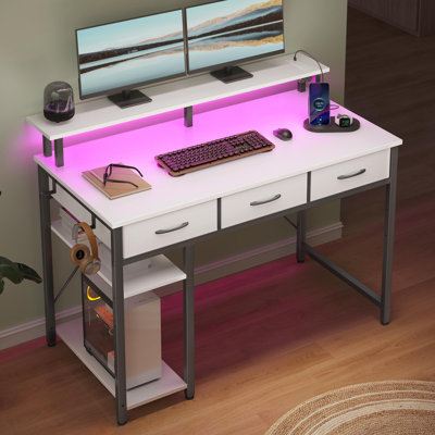 Gaming Desk with LED Lights & Power Outlets, Computer Desk with Monitor Stand & Drawers