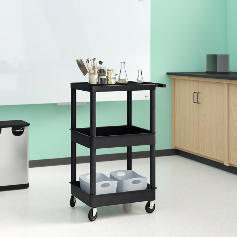 Black High-Density Polyethylene 3-Shelf Utility Cart with Raised Ledges