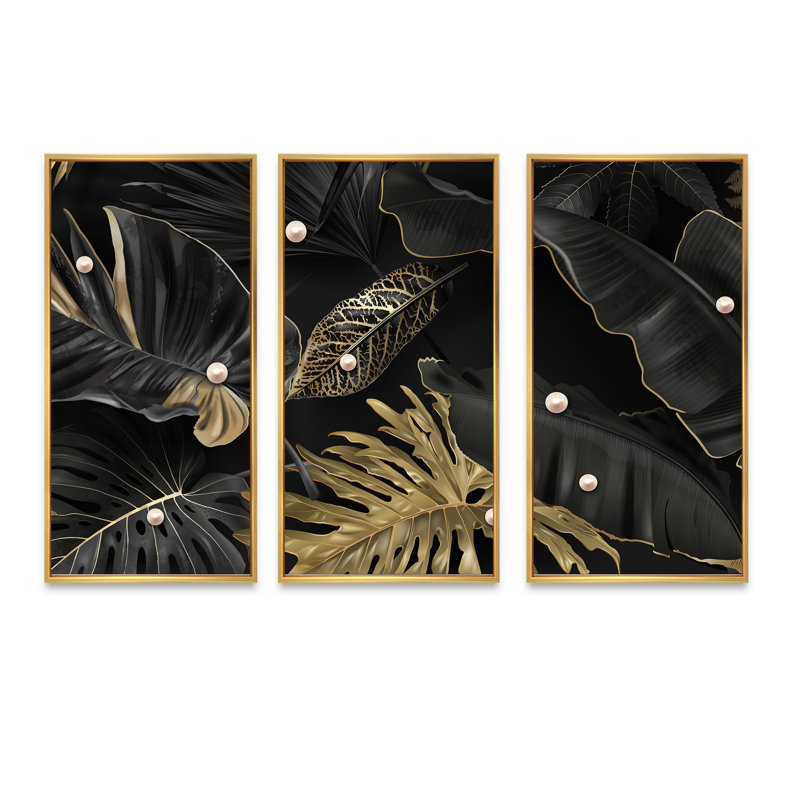 «Black and Gold Tropical Leaves III», 3 pièces, cadre flottant, impression sur toile, H 32 po x l 48 po, Cadre doré