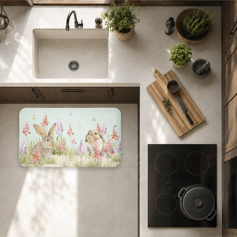 Floral Kitchen Mat, Sweet Bunnies In Meadow