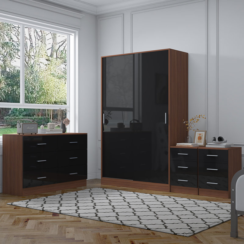 Eva Piece Bedroom Set, Black Gloss / Walnut