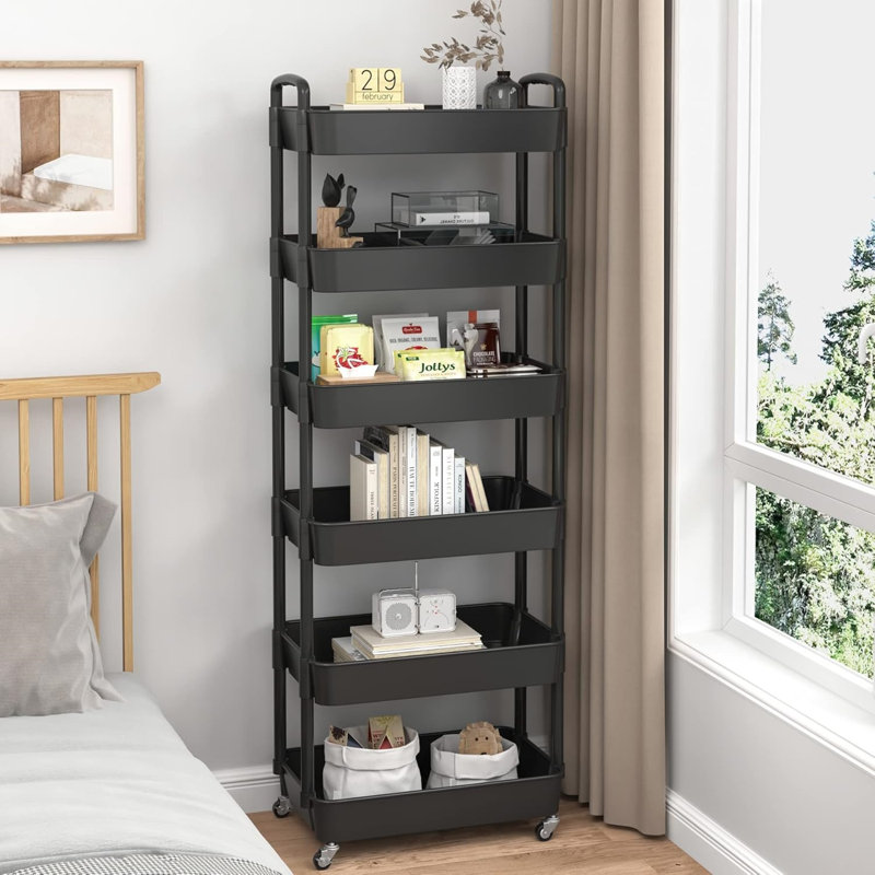 6-Tier Plastic Rolling Utility Cart with Handle, Multi-Functional Storage Trolley, Living Room, Kitchen, Movable Storage Organizer with Wheels