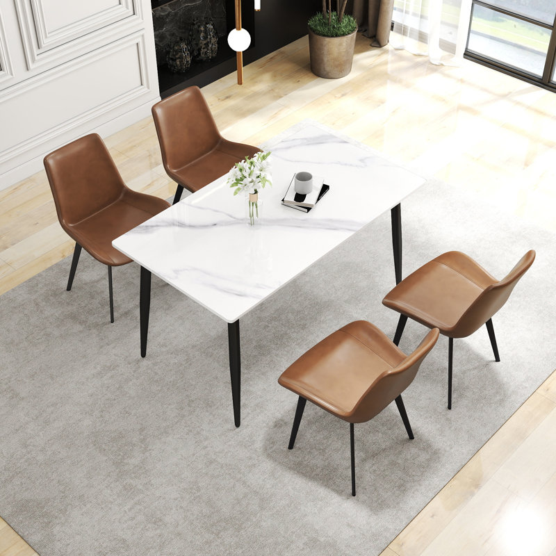 Fairy Nedek 5-Piece Modern Rectangular Dining Table Set With 4 Brown Faux Leather Chairs, Snow White