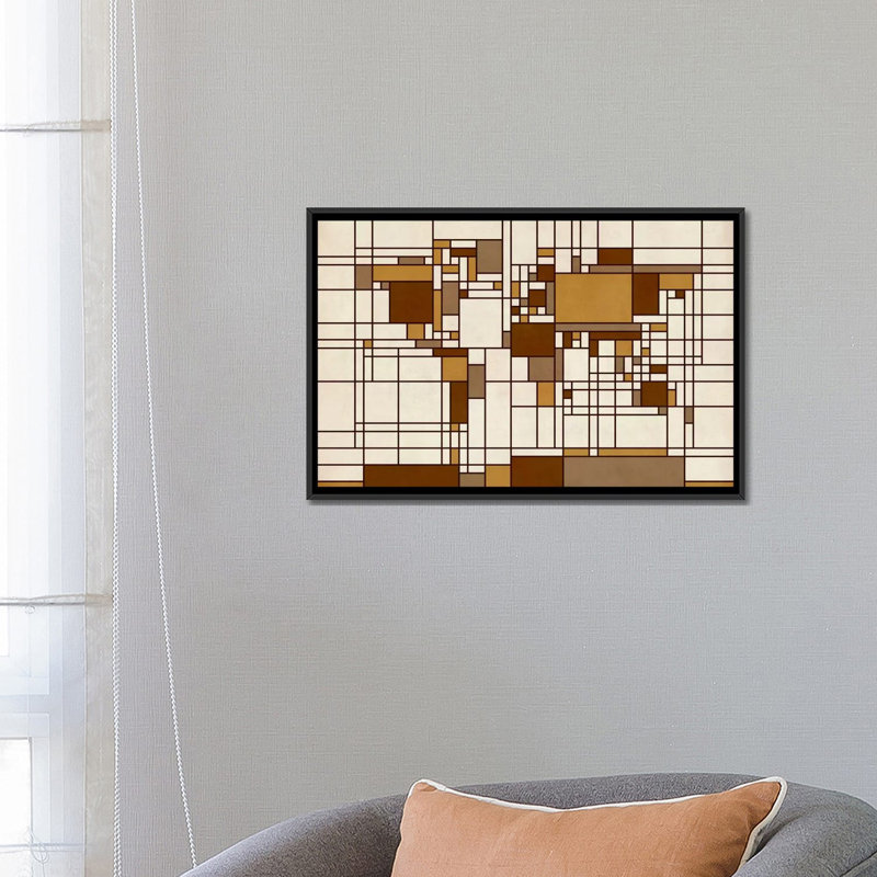 Carte du monde abstraite, style Mondrian, impression sur toile, H 18 po x l 26 po x P 1,5 po, Toile avec cadre flottant noir