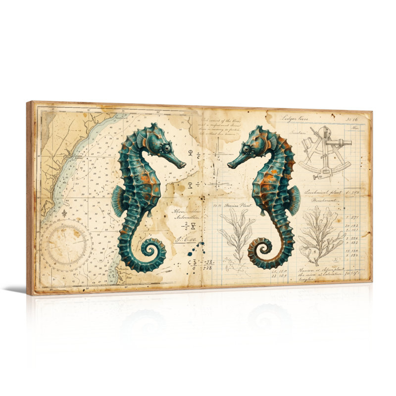 Ensemble de 1 tableau sur toile représentant une carte des hippocampes, L 40 po x H 20 po, Naturel