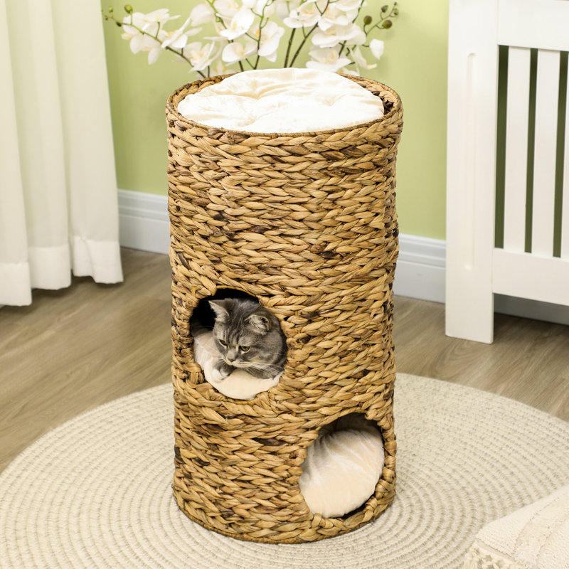 Lit pour chat surélevé avec trois cachettes cachées et quatre coussins confortables - Tour pour chat faite de matériaux tissés à la main Grottes multicouches pour chats