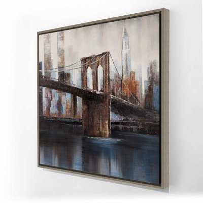 Urban Brooklyn Bridge - American Blue Framed Canvas Art