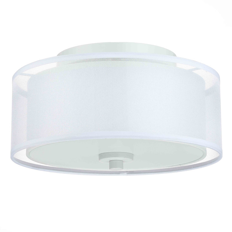 12 in. 2-Light White Circle Flush Mount with Fabric Shade and No Bulbs Included